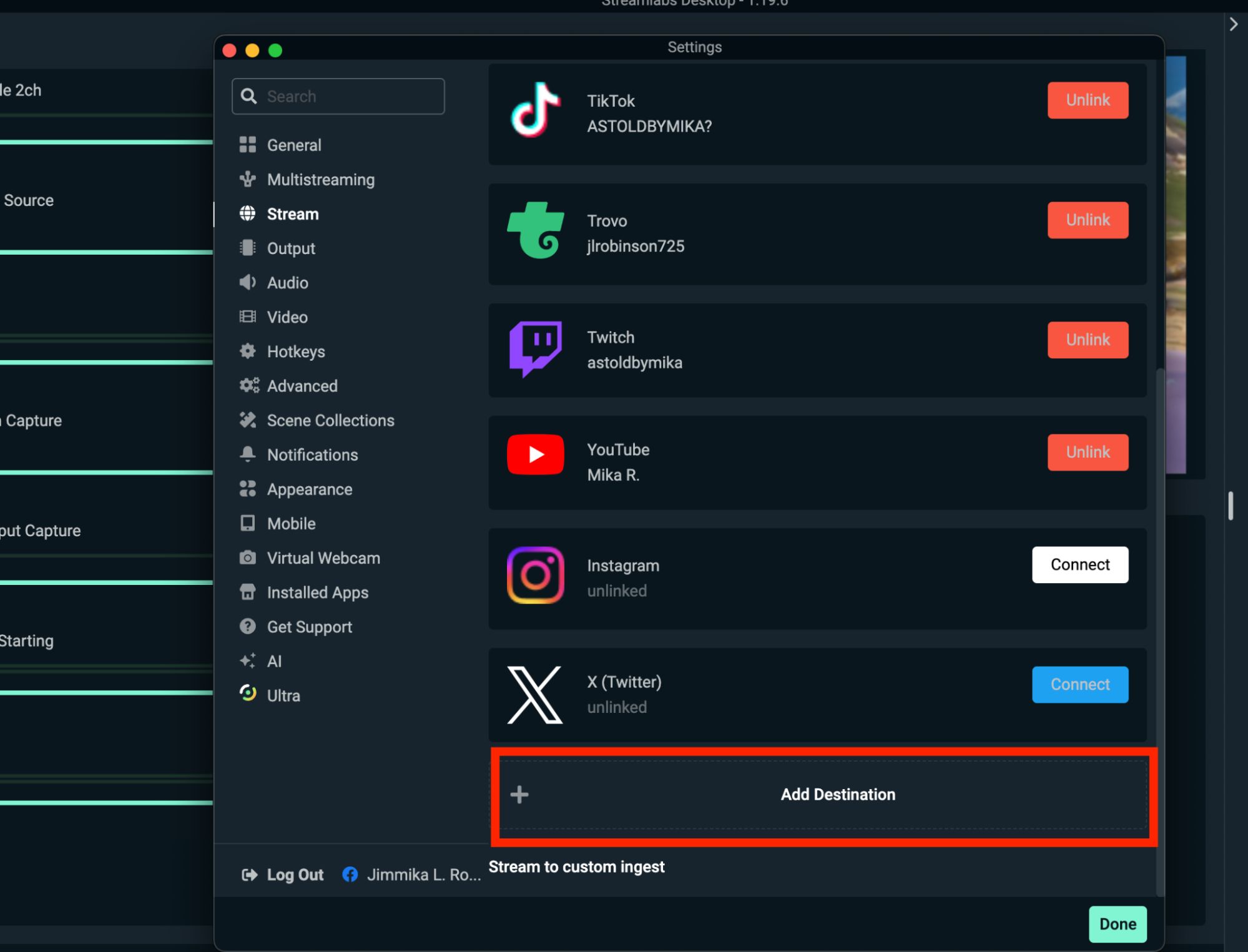 streamlabs add destination button